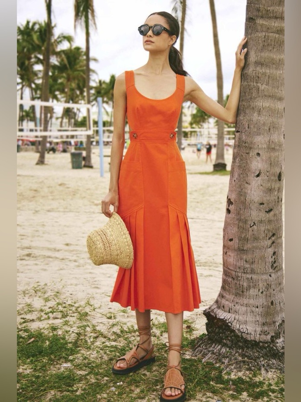 Hunter Bell for Anthropologie Giselle Midi Dress Orange Red Square Neck Sz 4